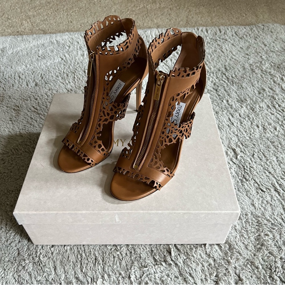 Jimmy Choo Brown Laser Cut Out Megan T Strap Zip Top Sandals